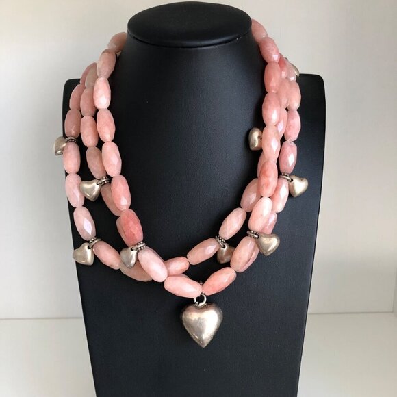 Rose Quartz Triple Strand Necklace Puffy Sterling Silver Hearts Heavy 925 Pink - Picture 1 of 9